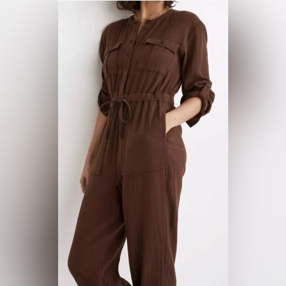 Madewell Brown 100% Cotton Gauze Pocket Coverall Romper Jumpsuit Women Size 14 - Picture 2 of 6